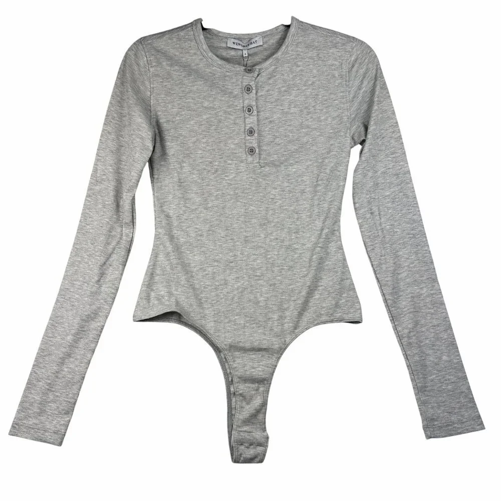 WeWoreWhat Womens Henley Bodysuit Gray Sz M Ribbed Long-Sleeve Comfy Stretch NWT - Picture 2 of 11